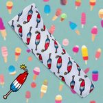 Patterned arm sleeve with red, white, and blue design on a white background